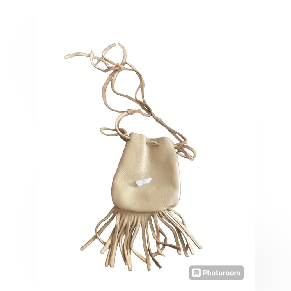 HANDMADE Deerskin medicine pouch. Fringed. Comes with crystal as shown. EUC